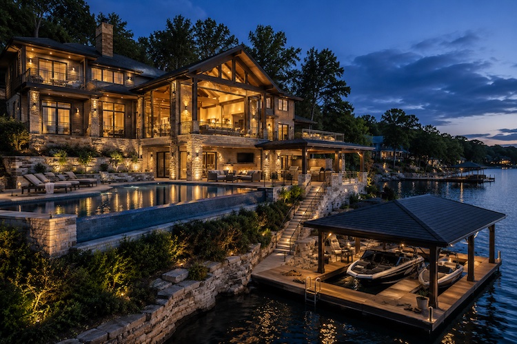 Luxury lakefront estate at Lake of the Ozarks Missouri with boat dock at twilight, High Value Home Insurance Group